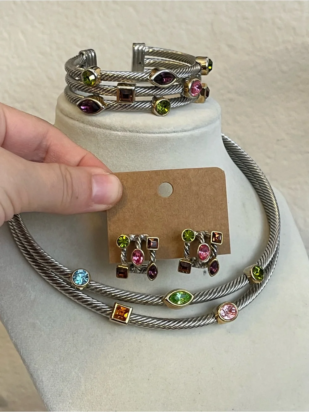 Multicolored CZ chunky twisted silver tone cuff collar and earring set - Picture 1 of 11